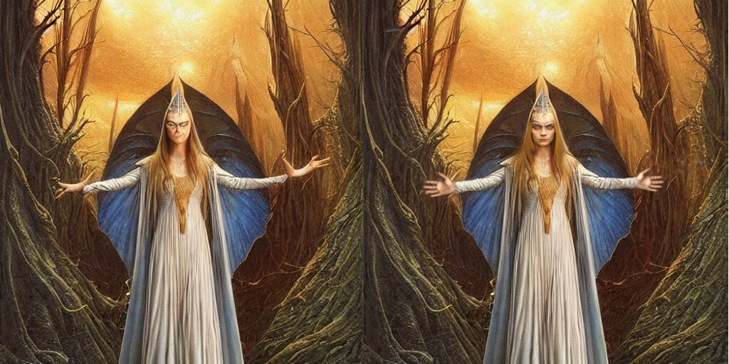 Before and after fixing art. The prompt was "Galadriel Cara Delavigne Michael Whelan"